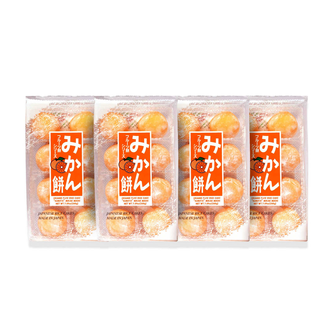 Five packages of Kubota Mikan Orange Daifuku Mochi with sweet orange flavor on a white background.