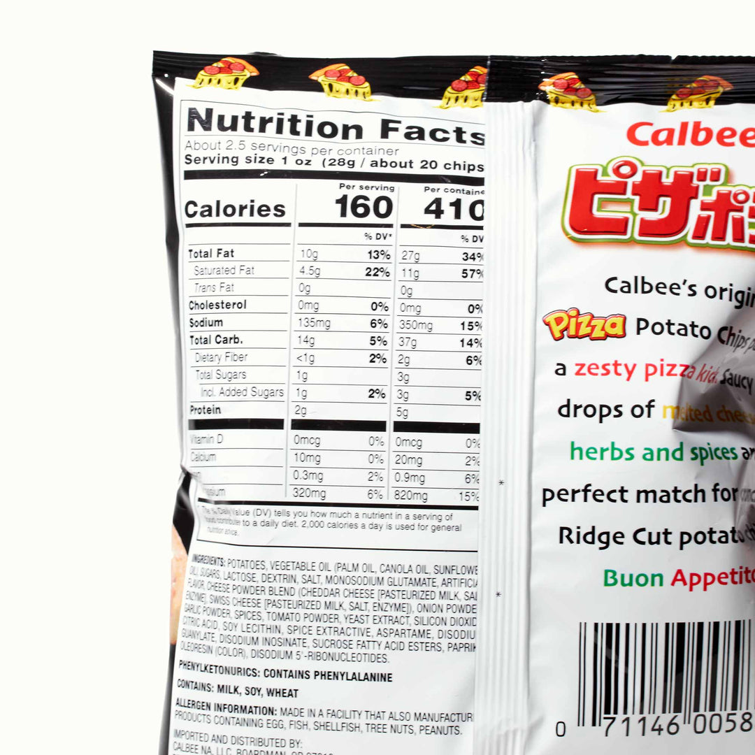 Packages of pizza-flavored Calbee Potato Chips: Variety Pack with nutritional information visible.