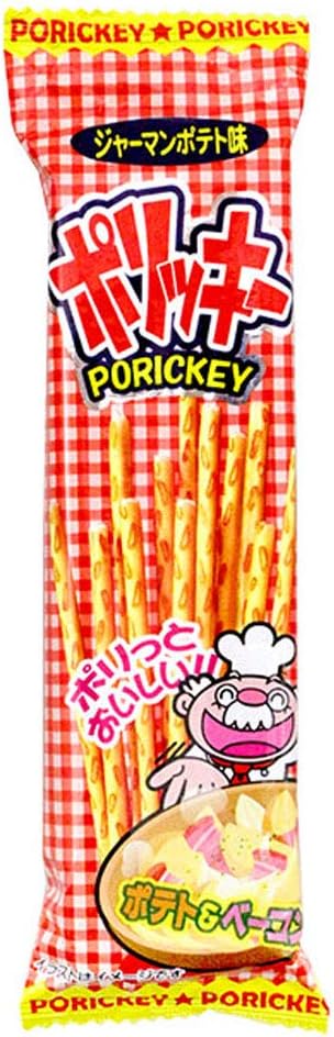 A bag of Porickey Pretzel Sticks: German Potato flavor bacon sticks on a white background. Brand Name: Yaokin.