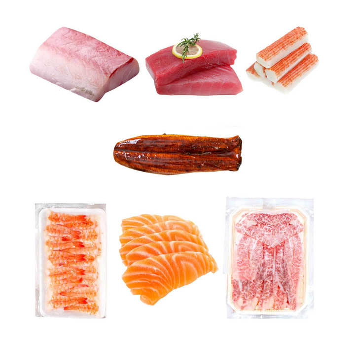 Various types of Friends & Family Sushi Night Pack by Bokksu market are shown on a white background.