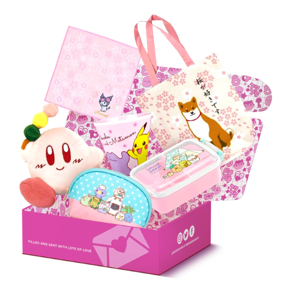 A Doki Doki Kawaii Crate from Japan Crate, filled with plushies and a bag.