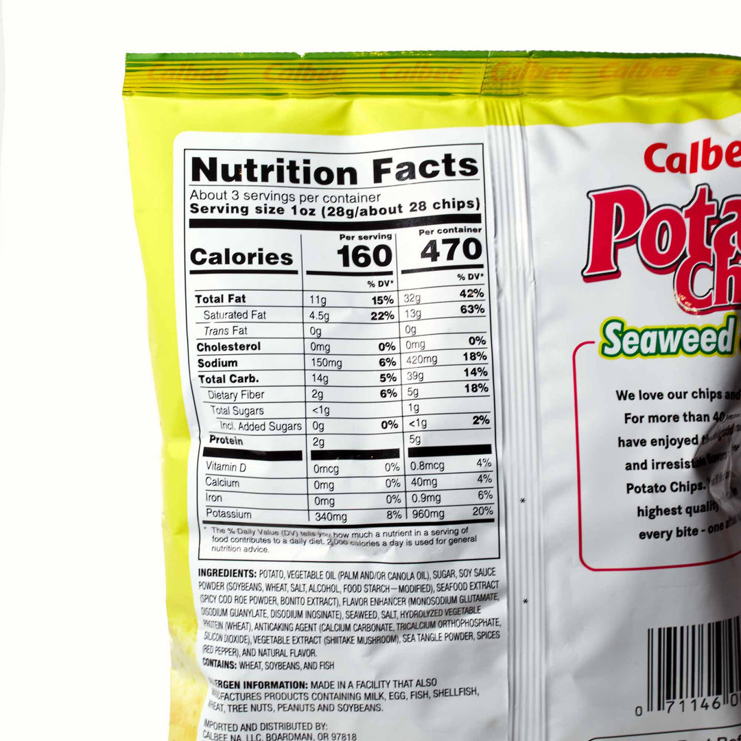 Nutritional information and branding on a Calbee Potato Chips: Variety Pack bag.