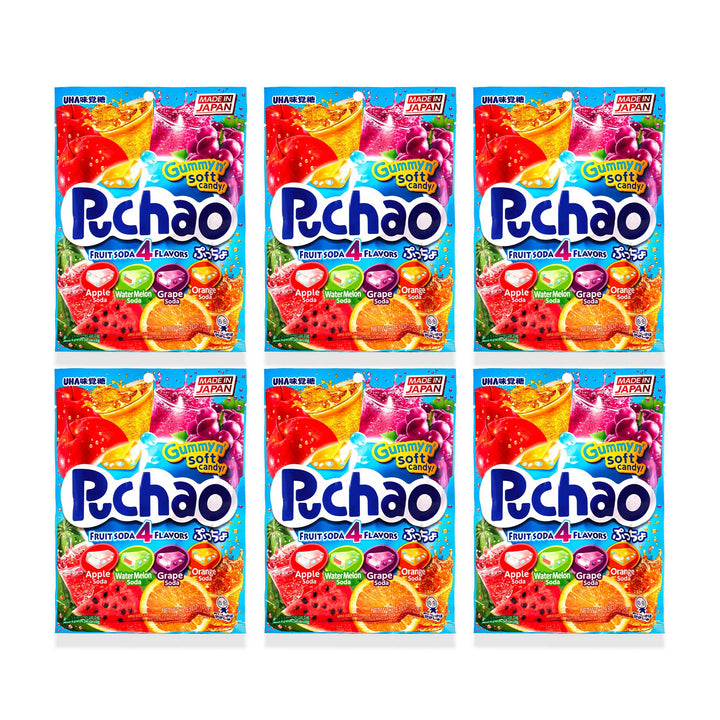 Various packages of UHA Mikakuto Puchao Gummy Candy: Soda Mix 6 Pack on a white background offer a unique candy experience with their fruity flavors.