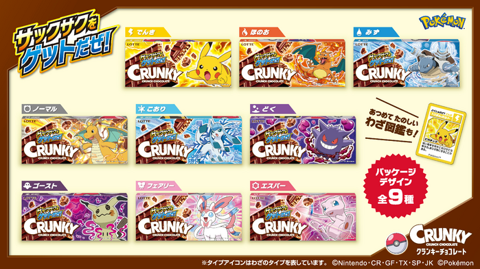 The Lotte Pokemon Crunky Chocolate with Collectible Designs candy box is shown with different types of pokemon.