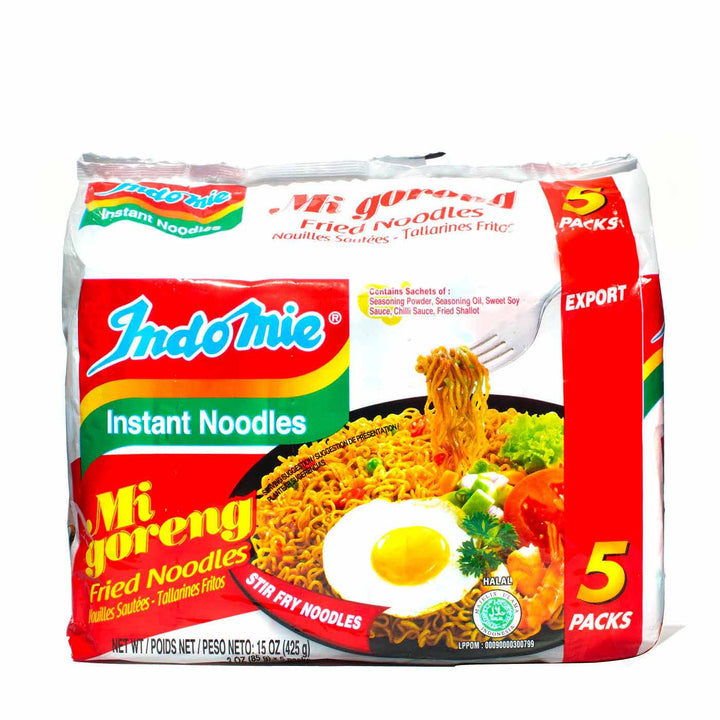 A package of Indomie Instant Noodles: Fried Mi Goreng (5-pack) on a white background.