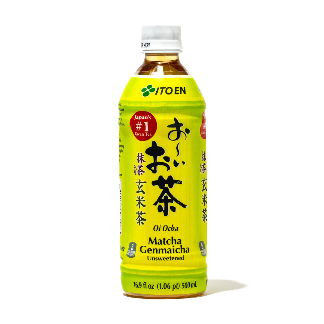 A bottle of Itoen Oi Ocha Matcha Genmaicha Green Tea on a white background.