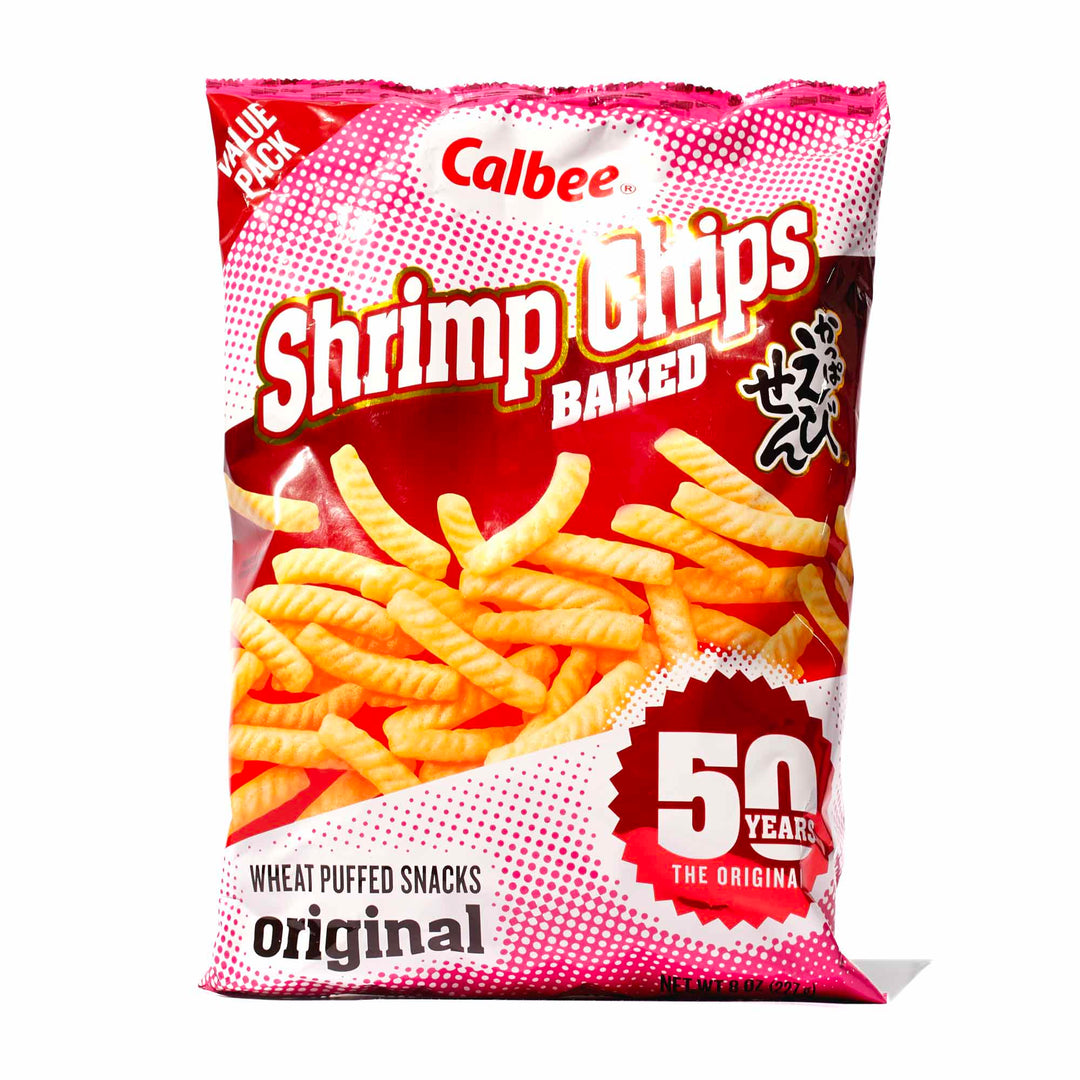 A bag of Calbee Shrimp Chips: Party Size on a white background.