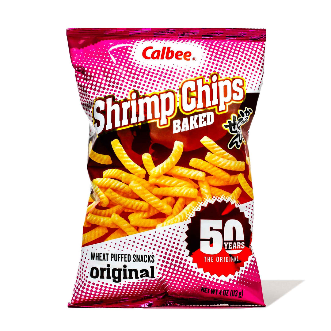 A bag of Calbee Shrimp Chips: Original on a white background.