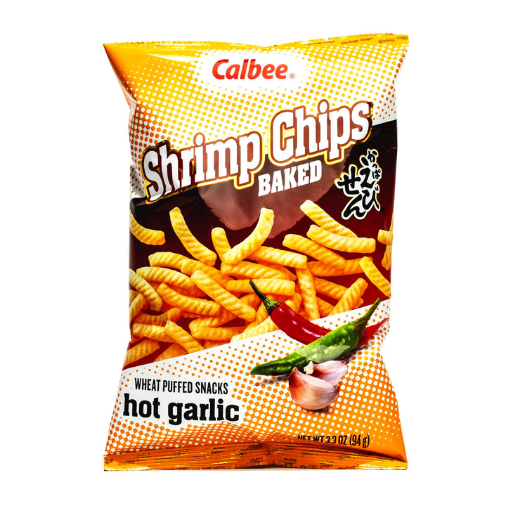 Calbee Shrimp Chips: Hot Garlic, baked by Calbee.