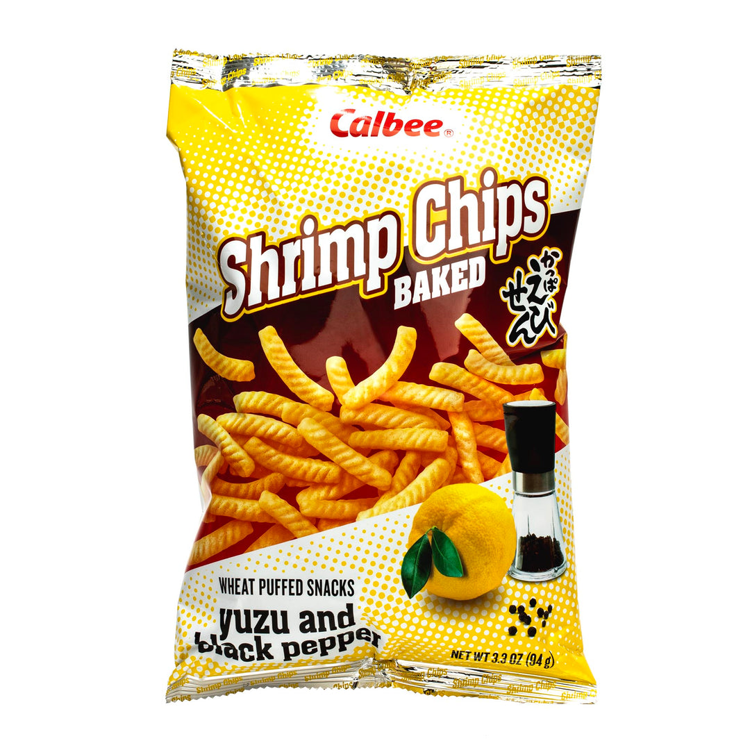 A bag of Calbee Shrimp Chips: Yuzu Pepper with a lemon on it.