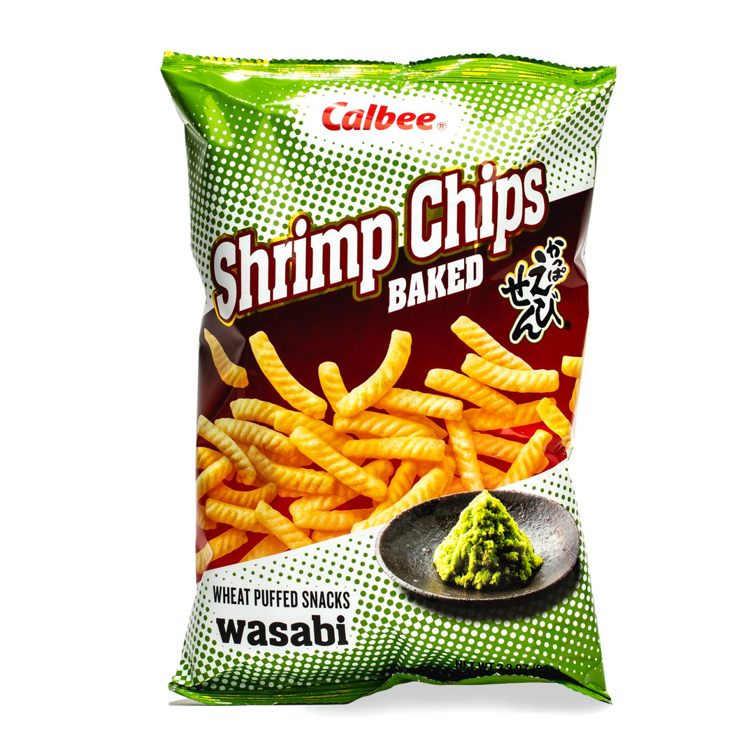 A bag of Calbee Shrimp Chips: Wasabi baked with guacamole.