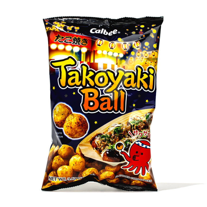 A bag of Calbee Takoyaki Ball Corn Puffs on a white background.