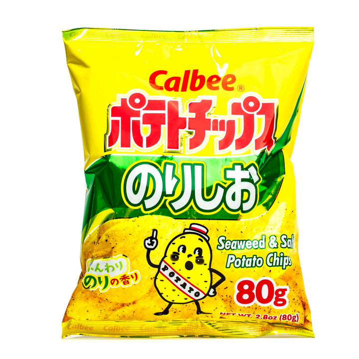 A bag of Calbee Potato Chips: Seaweed & Salt.