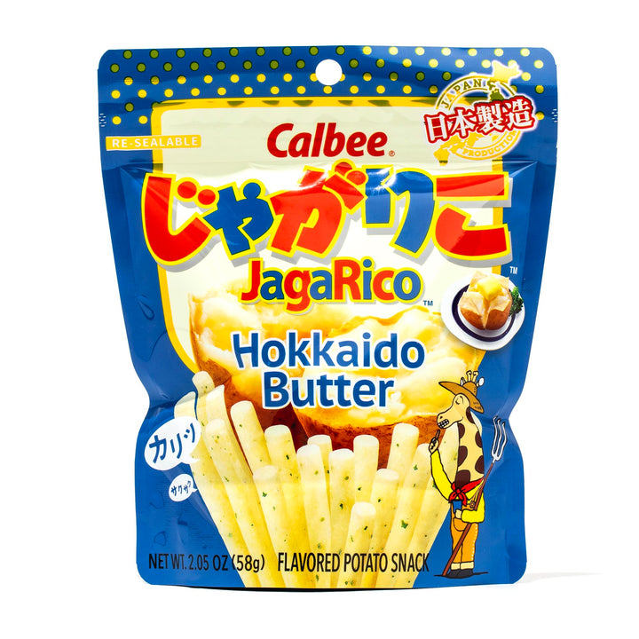 A bag of Calbee Jagarico: Hokkaido Butter with japanese butter.