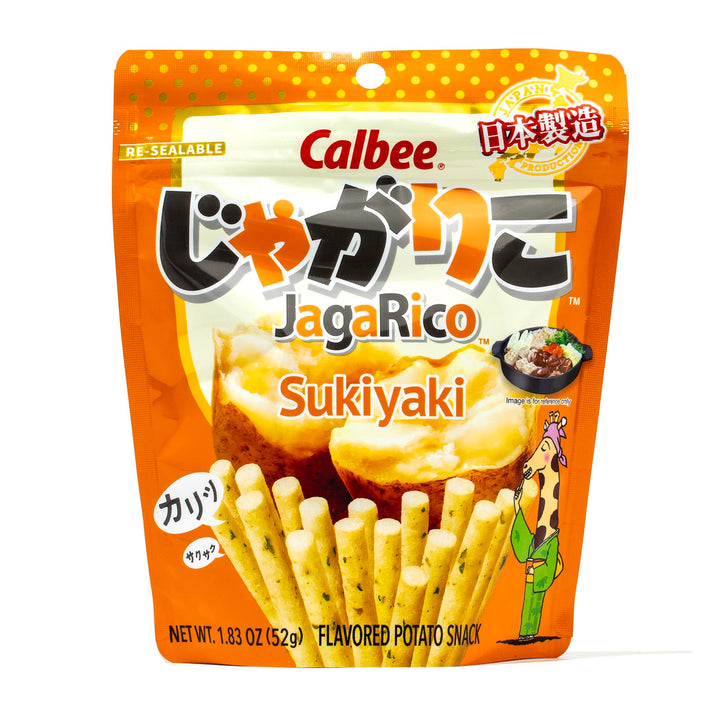A bag of Calbee Jagarico: Sukiyaki with Japanese characters on it.