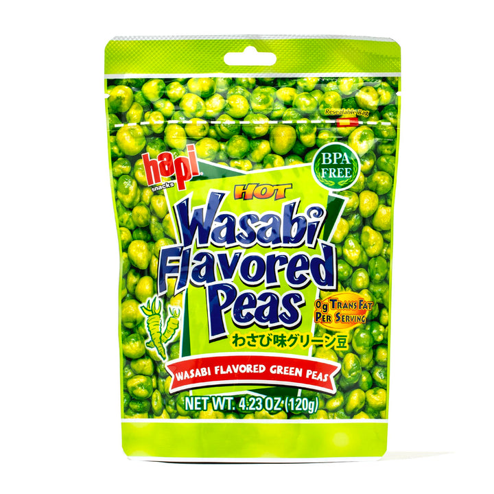 A bag of Hapi Hot Wasabi Peas on a white background.