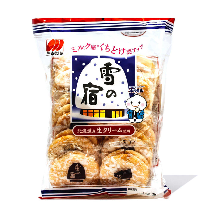 A bag of Sanko Yuki no Yado Sweet Rice Crackers on a white background.