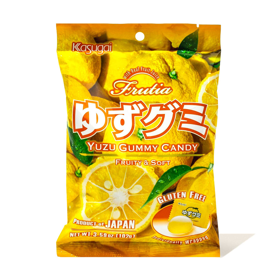 A bag of Kasugai Fruitia Yuzu Gummy candies with japanese written on it