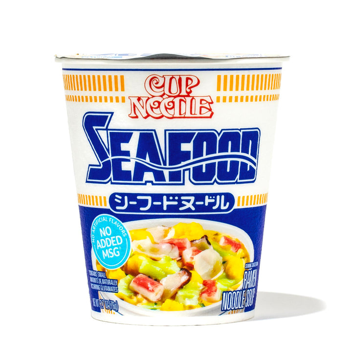 A cup of Nissin Cup Noodle: Seafood soup on a white background.
