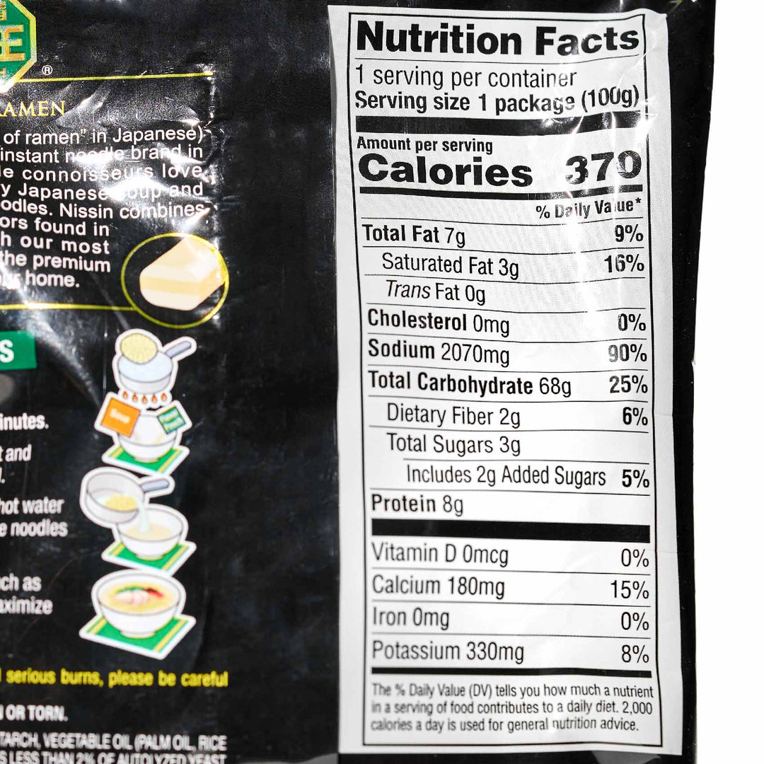 The nutrition facts for a bag of Nissin Raoh King Of Ramen: Tonkotsu.