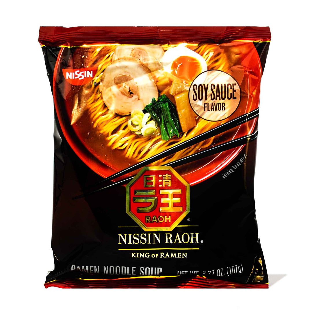 A bag of Nissin Raoh King Of Ramen: Soy Sauce on a white background.