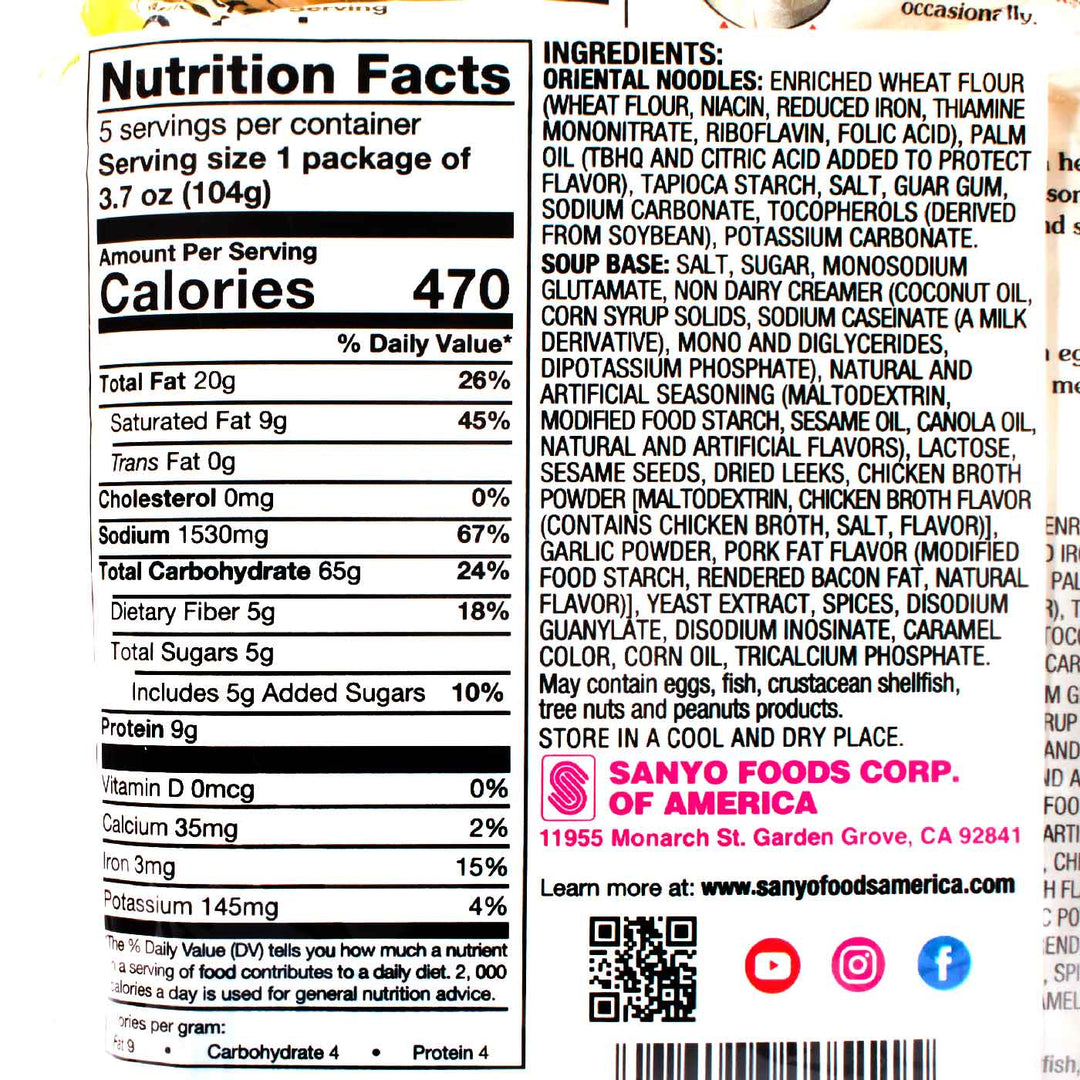 The back of a Sapporo Ichiban Tonkotsu Ramen (5-pack) food label showing the nutrition facts by Sanyo Foods.