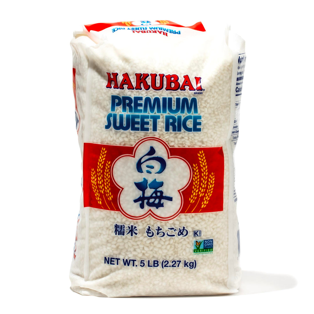 A bag of Hakubai Premium Mochigome Sweet Rice: 5 lb on a white background.