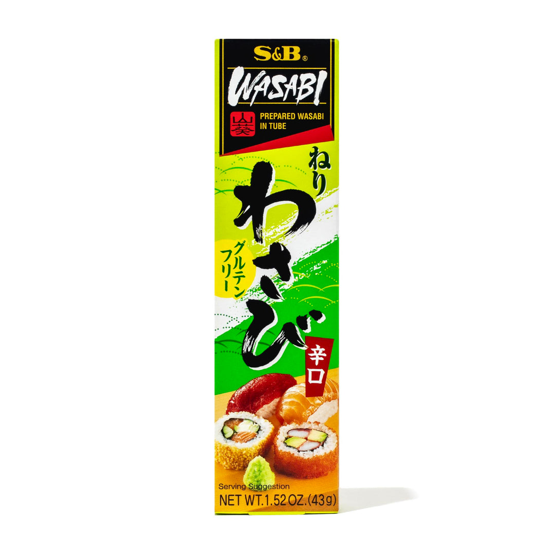 A package of S&B Prepared Wasabi Tube on a white background.