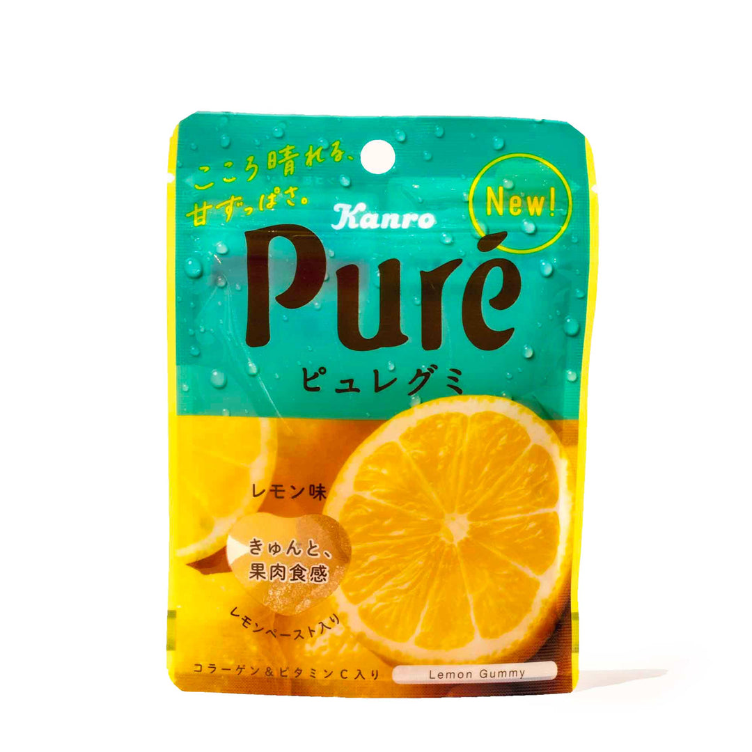 A Kanro Puré Gummy: Lemon bag on a white background.