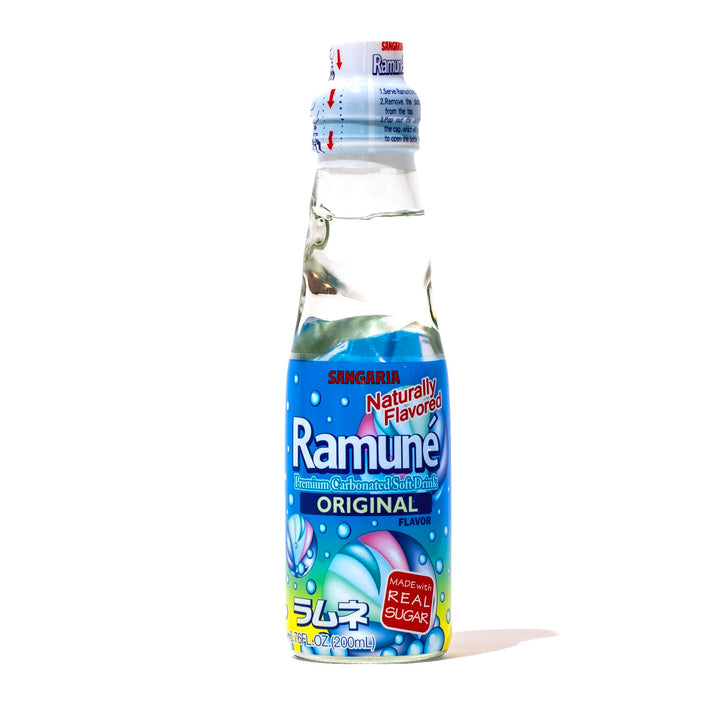 A bottle of Sangaria Ramune Soda: Original on a white background.
