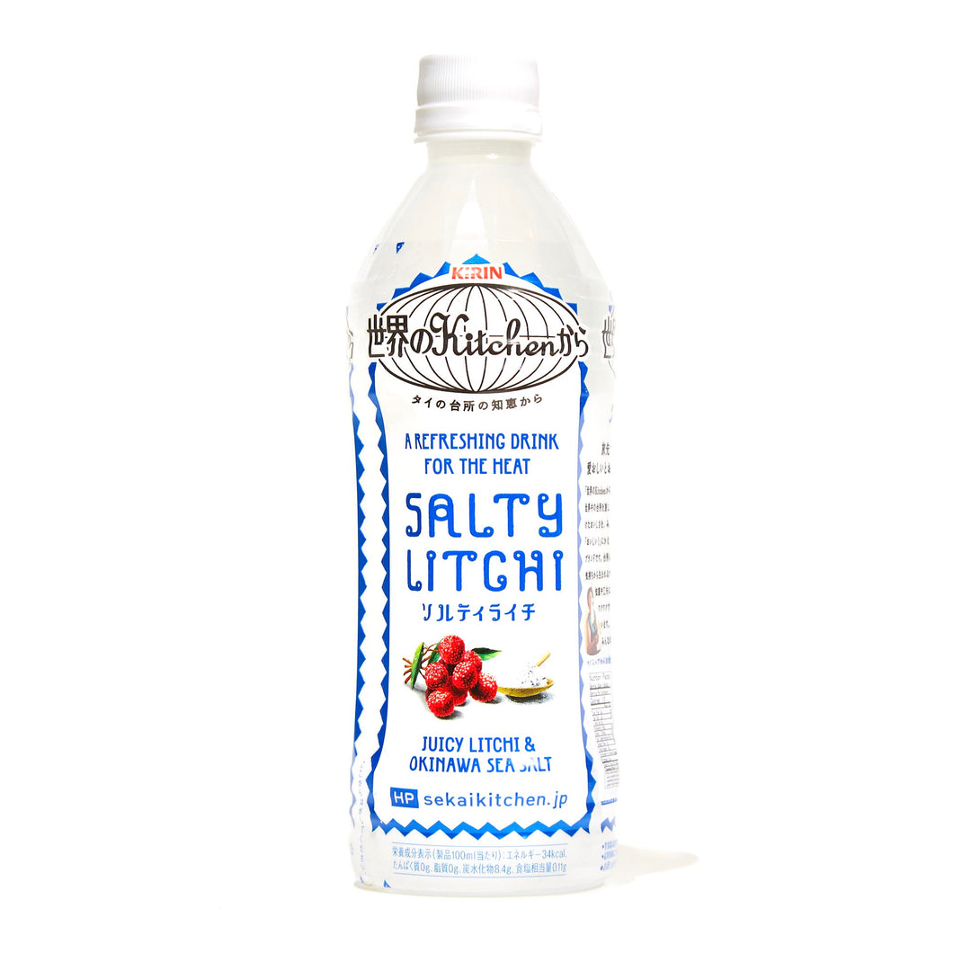 A bottle of Kirin Salty Lychee Drink on a white background.