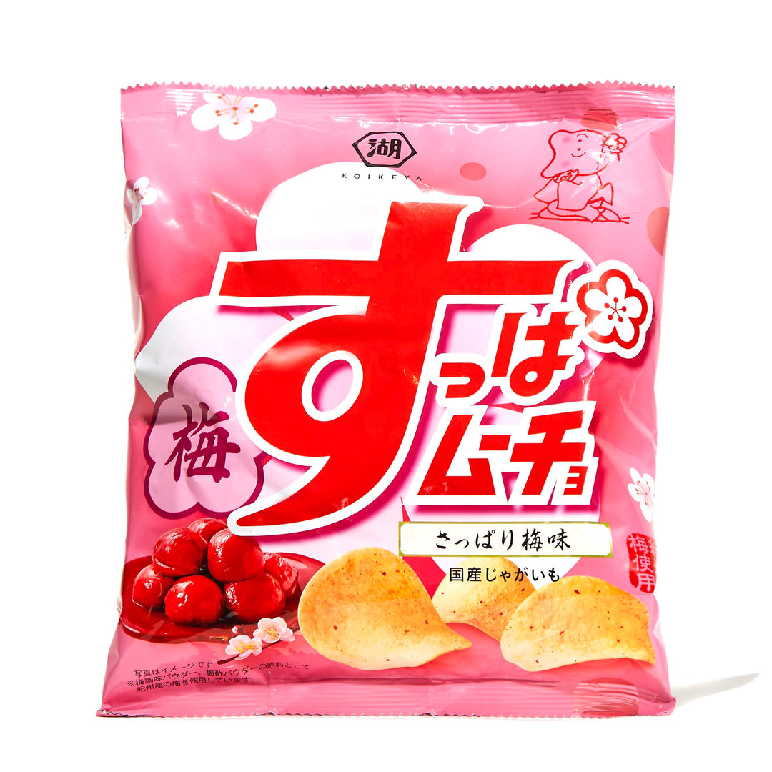 A bag of Koikeya Suppa Mucho Chips: Plum with a cherry on top.