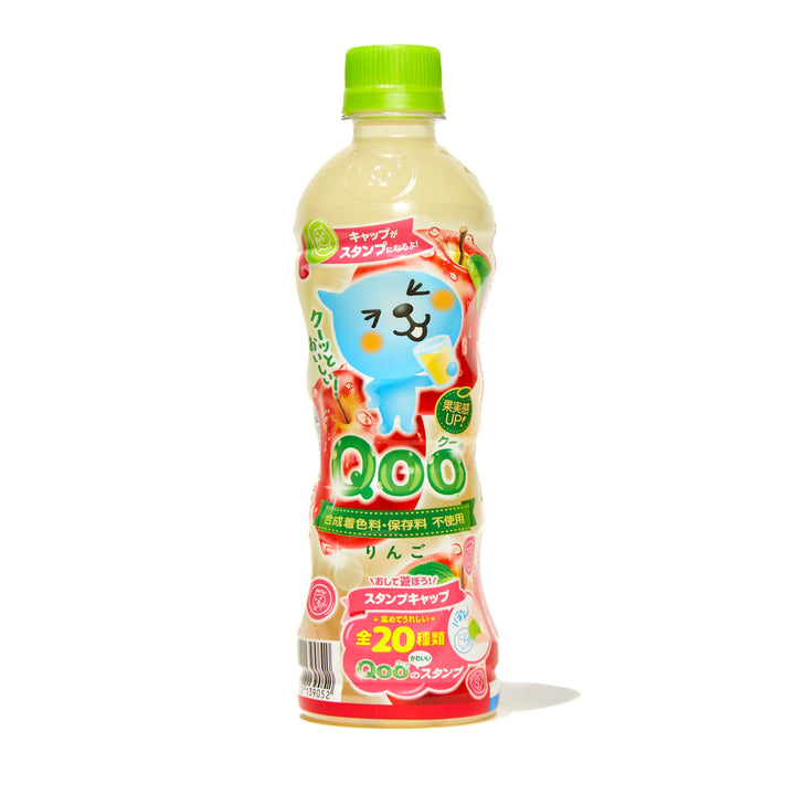 A bottle of Coca Cola Qoo: Apple with a dog on it.