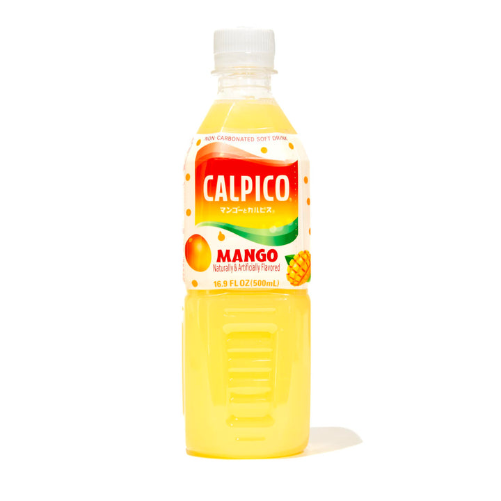 A bottle of Asahi Calpico: Mango juice on a white background.