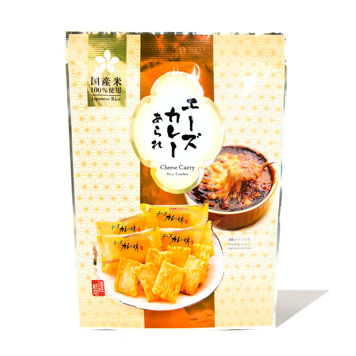 A bag of Morihaku Cheese Curry Arare Crackers with a bowl of soup.