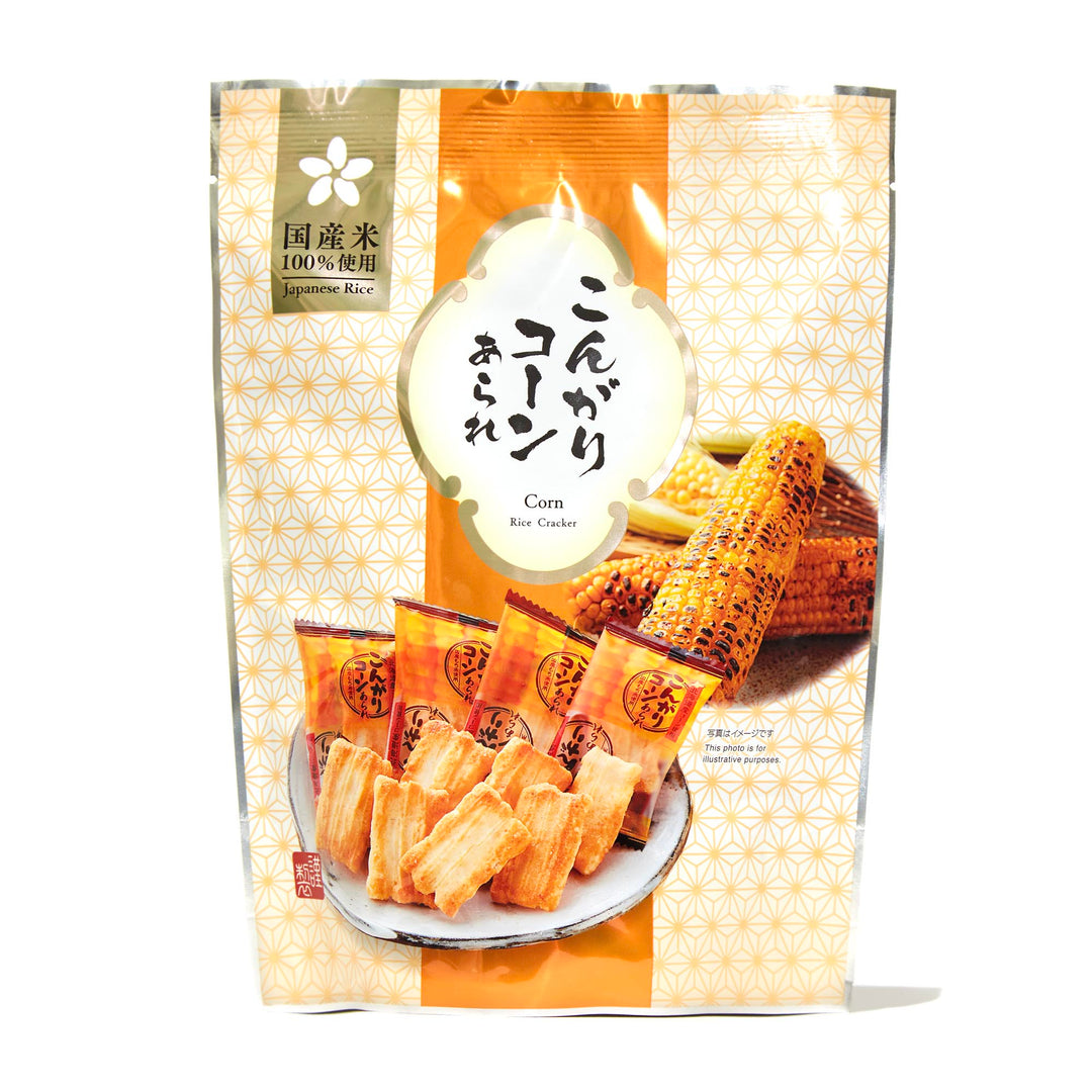 A bag of Morihaku Kongari Corn Arare Crackers on a white background.