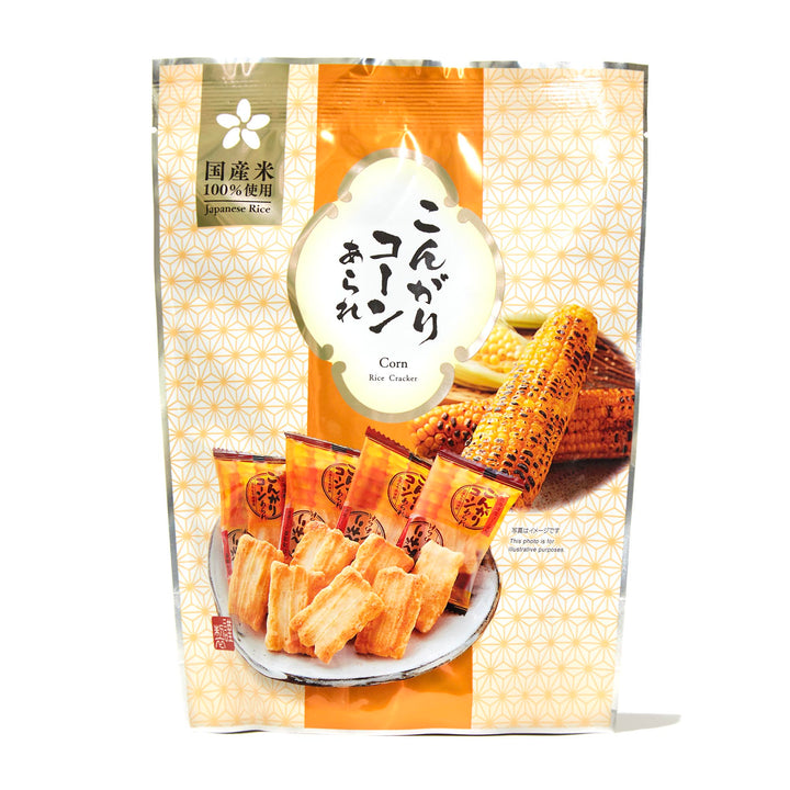 A bag of Morihaku Kongari Corn Arare Crackers on a white background.