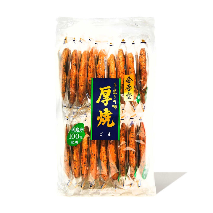 A bag of Kingodo Atsuyaki Baked Rice Crackers: Sesame (18 crackers) with chinese writing on it.