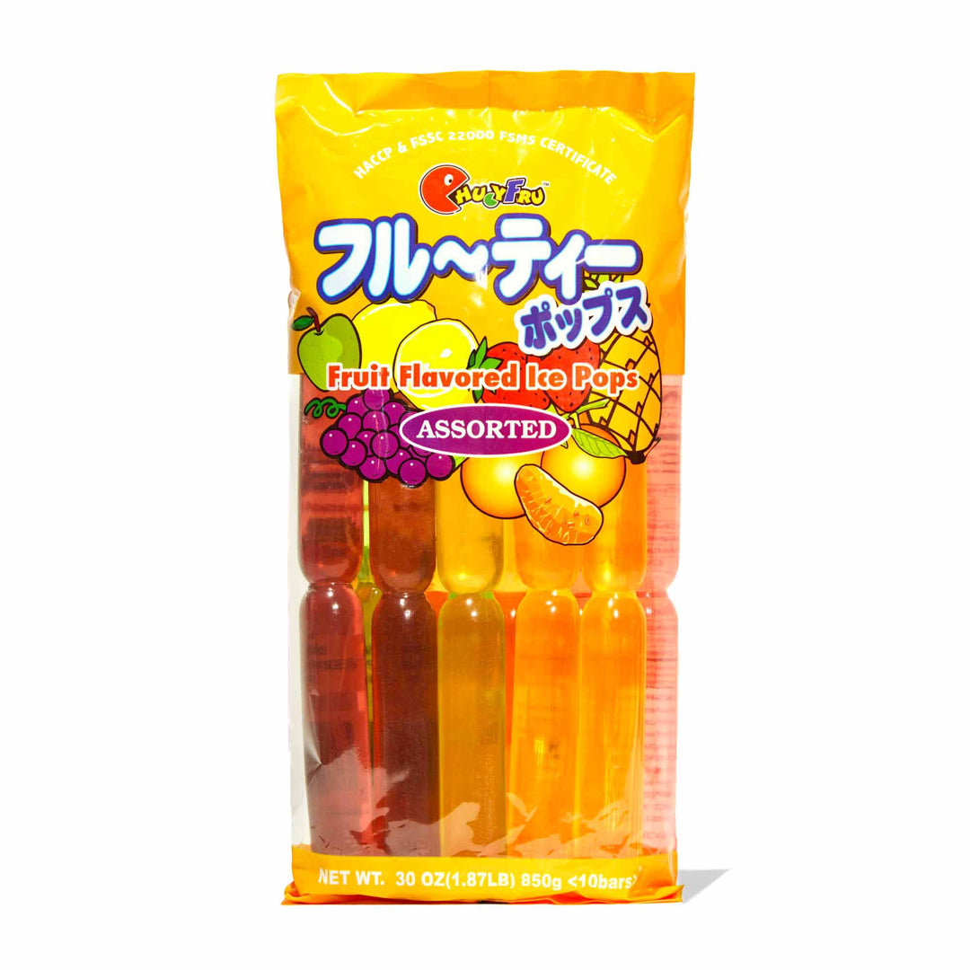 Chucyfru Assorted Fruity Ice Popsicles in a bag.