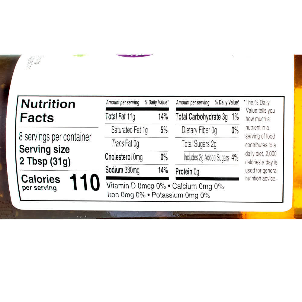 A label showing the nutrition facts of Kewpie Onion Dressing with Garlic by Kewpie.