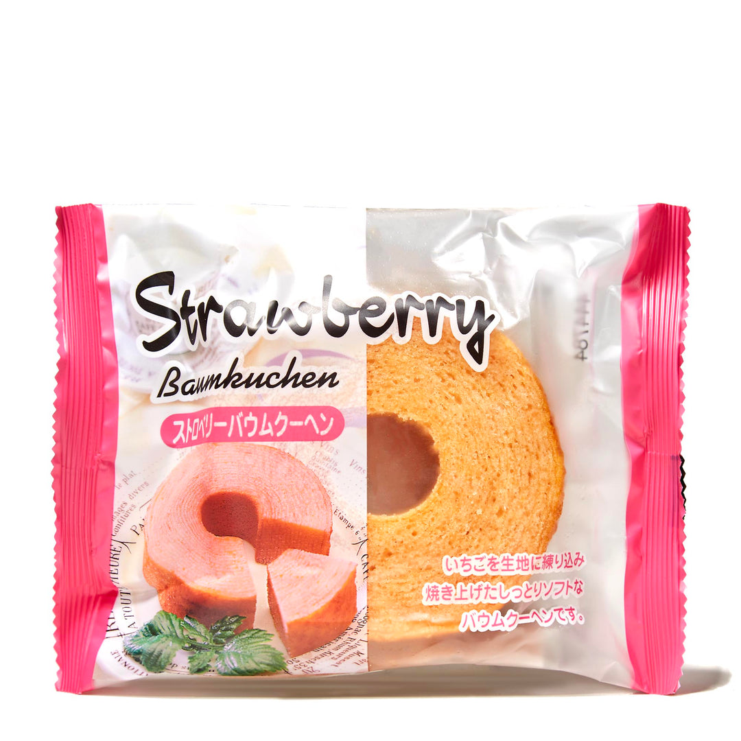 A bag of Taiyo Foods Mini Baumkuchen: Strawberry on a white background.