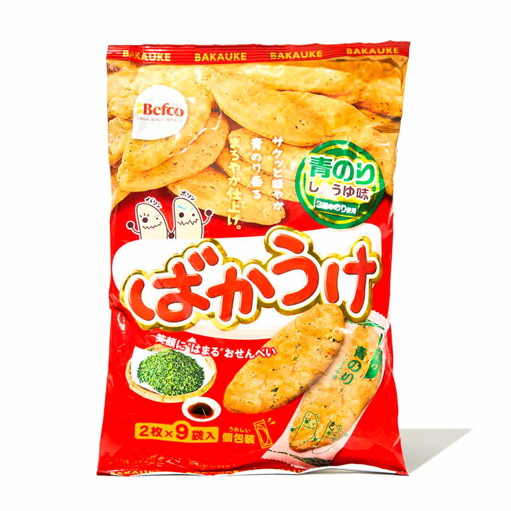 A bag of Kuriyama Bakauke Rice Cracker: Seaweed on a white background.