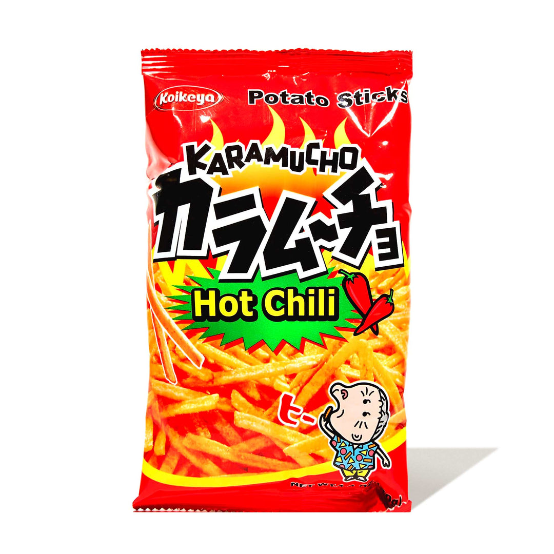 A bag of Koikeya Karamucho Potato Sticks: Spicy Hot Chili.