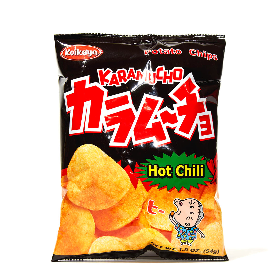 A bag of Koikeya Karamucho Spicy Potato Chips chips.
