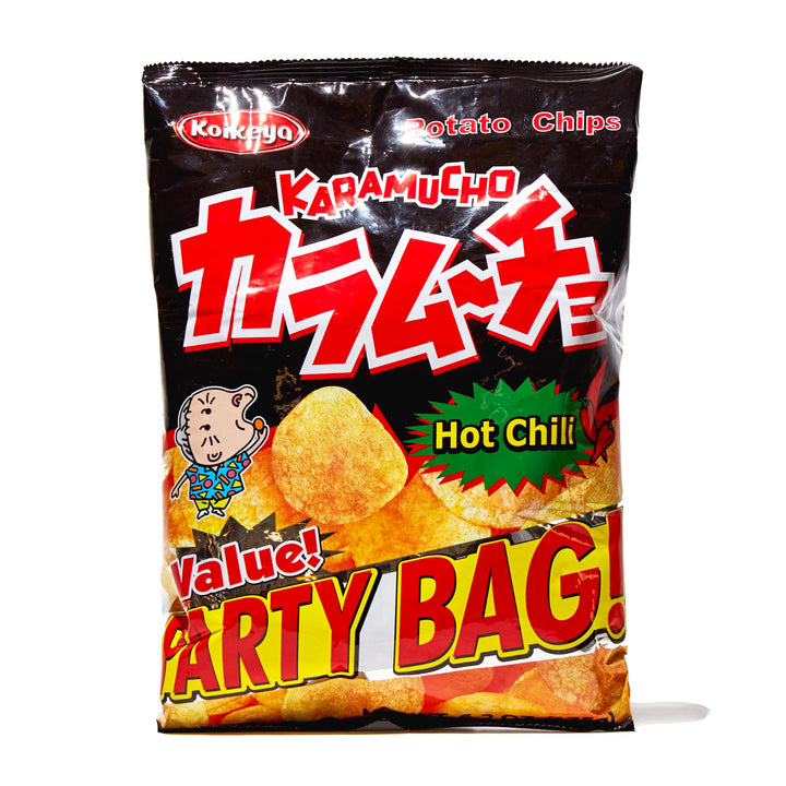 A bag of Koikeya Karamucho Potato Chips: Hot Chili (Party Size) with a Japanese character on it.