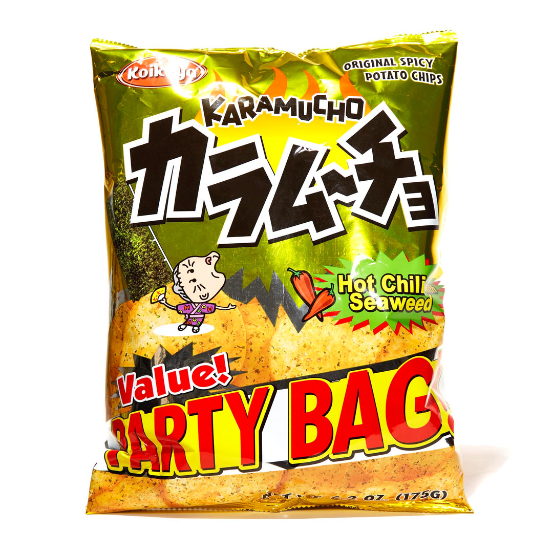 A bag of Koikeya Karamucho Potato Chips: Seaweed & Hot Chili (Party Size) with japanese text on it.