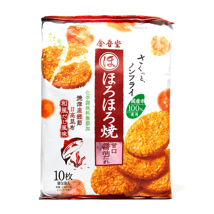 A bag of Kingodo Horohoro Yaki Rice Crackers on a white background.