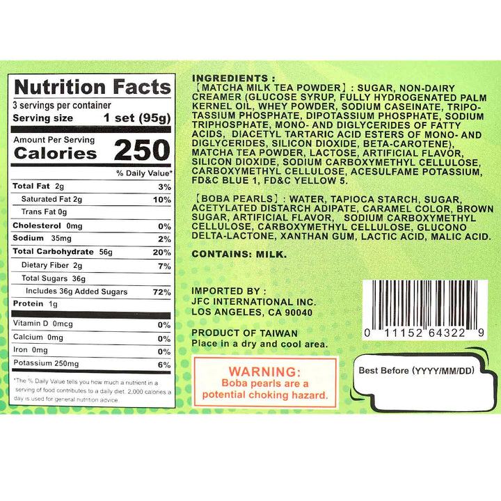 A label showing the nutritional facts of the J-Basket Boba Bubble Tea Kit: Matcha Tea (3 cups) from the brand J-Basket.