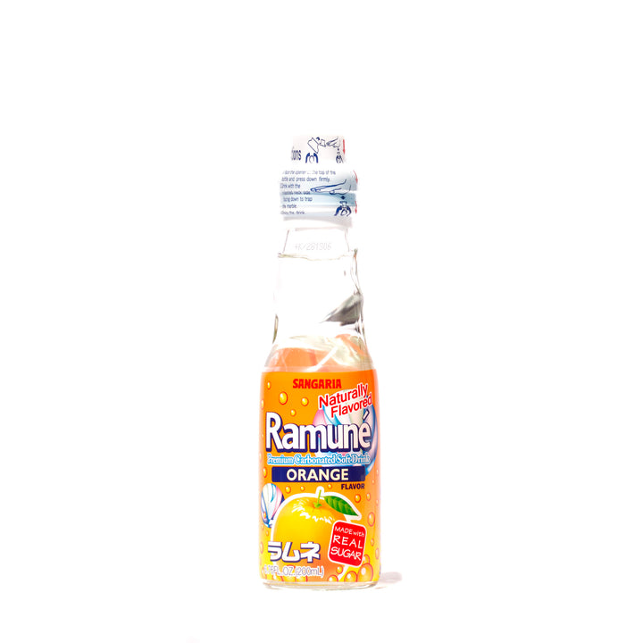 A bottle of Sangaria Ramune Soda: Orange on a white background.