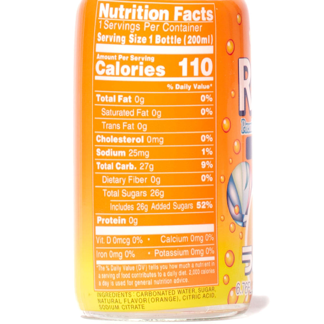 A bottle of Sangaria Ramune Soda: Orange with nutrition facts on it.